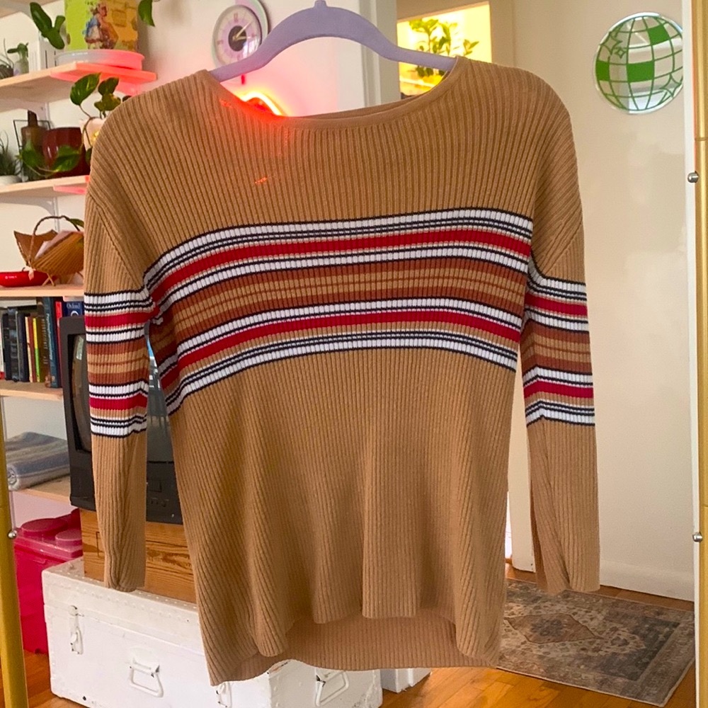 Faded Glory Ribbed Knit 3/4 Sleeve Striped Top